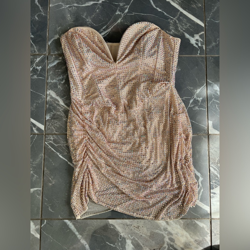 XENA
Embellished Low Plunge Strapless Mini Dress in Champagne size 14